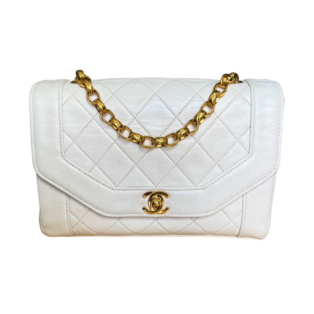 Chanel Diana Small White Leather Flap Bag w/ Gold Shoulder Chain CC Vintage